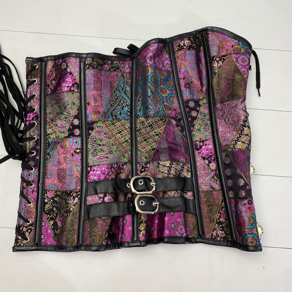 Charmian Patchwork Brocade Corset Top Womens 4XL Purple Steampunk Buckle Goth - Picture 4 of 13